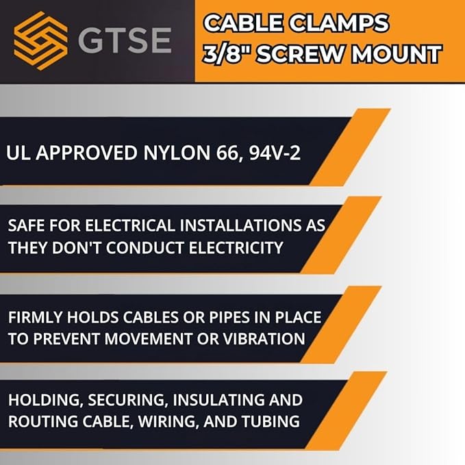 GTSE Black Nylon Plastic Cable Clamps, 3/8" Screw Mounts for Cable, Rope, Tube Management, 100 Pack