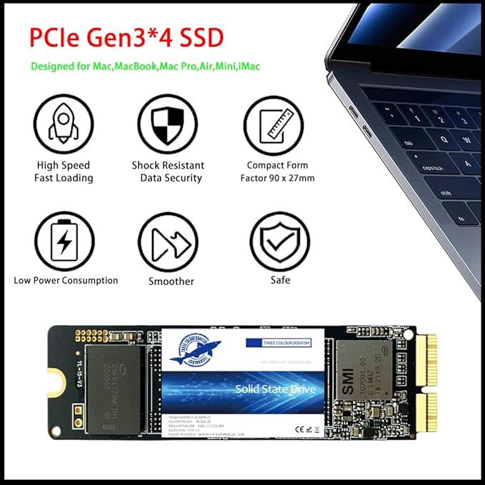Dogfish 1TB NVMe SSD for MacBook PCIe Gen3x4 M.2 2280, Internal SSD for MacBook Air A1466 A1465(2013-2017)/MacBook Pro A1398 A1502(Retina 2013-2015)/iMac A1419 A1418