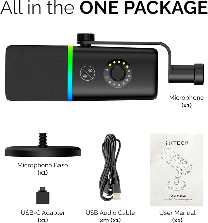 IXTECH Gaming USB Microphone for PC, Noise Cancellation Condenser Mic for Podcasts and Video Streaming with Tripod Stand, Pop Filter, Shock Mount, Gain Control, RGB Lights, Quiet Mute Button (Black)