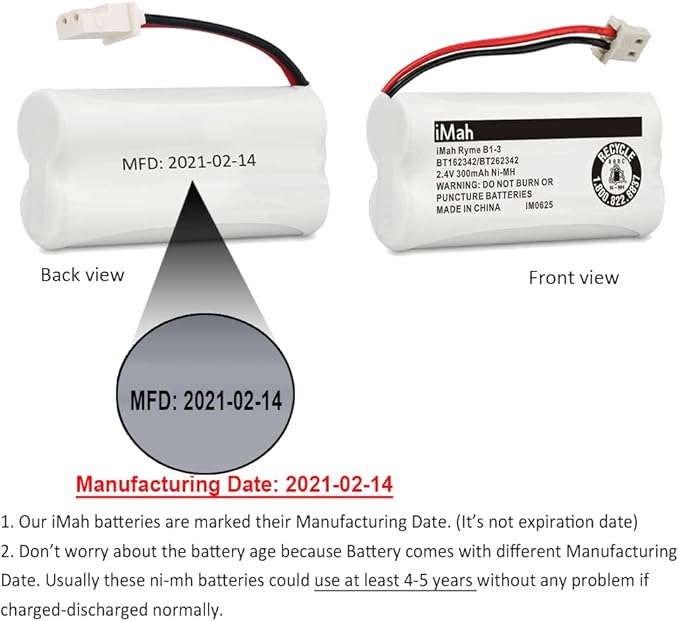 iMah Ryme B1-3 BT162342 BT262342 2.4V 300mAh Ni-MH Cordless Telephone Batteries Compatible with AT&T CL81101 EL5210 EL52400 VTech CS6409 CS6419 CS6429 CS80100 Handset, Pack of 4