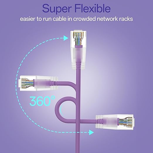 Cat6a Patch Cables 1ft (24 Pack) Slim, Cat6 Ethernet Patch Cable Pure Copper, Flexible Cat 6 Patch Cable 550MHZ 10G, Space-Saving Cat 6A Network Cables for Patch Panel, Purple