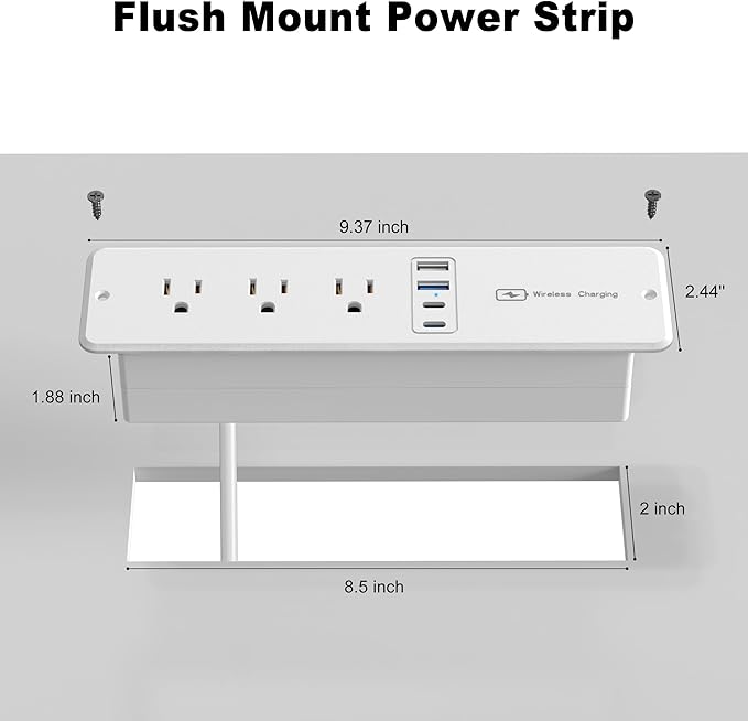 8 in 1 Recessed Power Strip with 15W Wireless Charger, 20W Fast Charging Furniture Outlet, Plug in 3 AC Outlets & 4 USB Ports Flush Mount, 6FT Cord