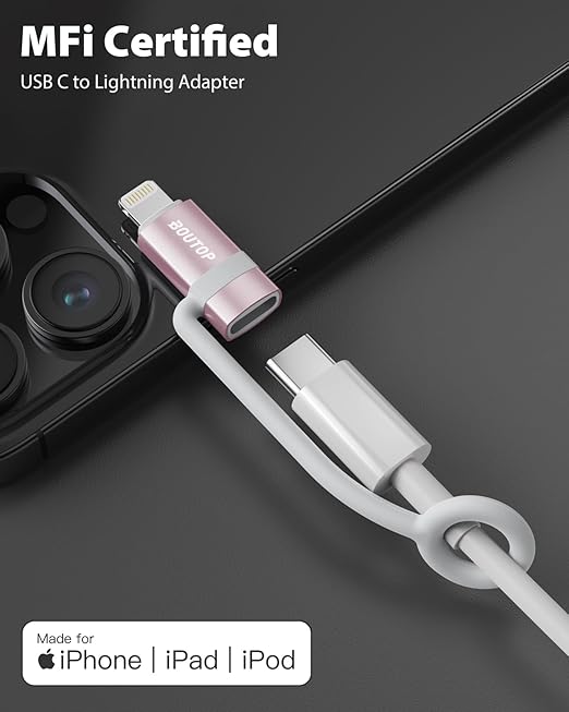 [MFi Certified] 36W USB C to Lightning Cable Adapter, Support Data Sync/PD Fast Charging Compatible with iPhone iPad AirPods, with Anti-Lost Holder - Rose Gold 2 Pack