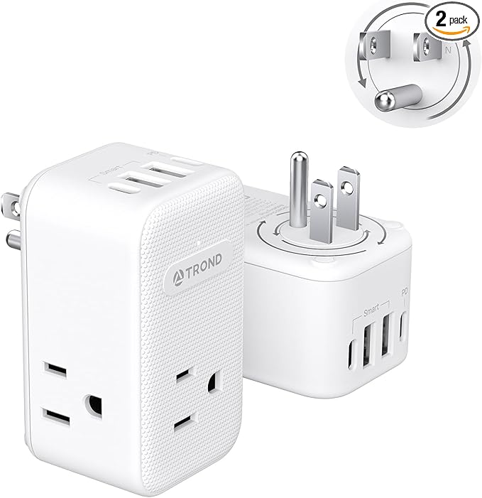 TROND Multi Plug Outlet Extender 2 Pack, 3 Way Outlet Splitter with 360 Rotating Plug, PD 20W USB C Charger Station, Sideways Adapter for Kitchen Bathroom Cruise Ship Travel Essentials