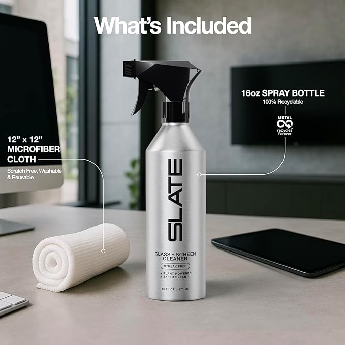 Slate Screen Cleaner Spray and Microfiber Cloth - Streak Free - Cleans Laptop, Computer, Tablet, Phone, TV, and Car Screens, Biodegradable Plant-Based Formula, Touch Safe, 16oz