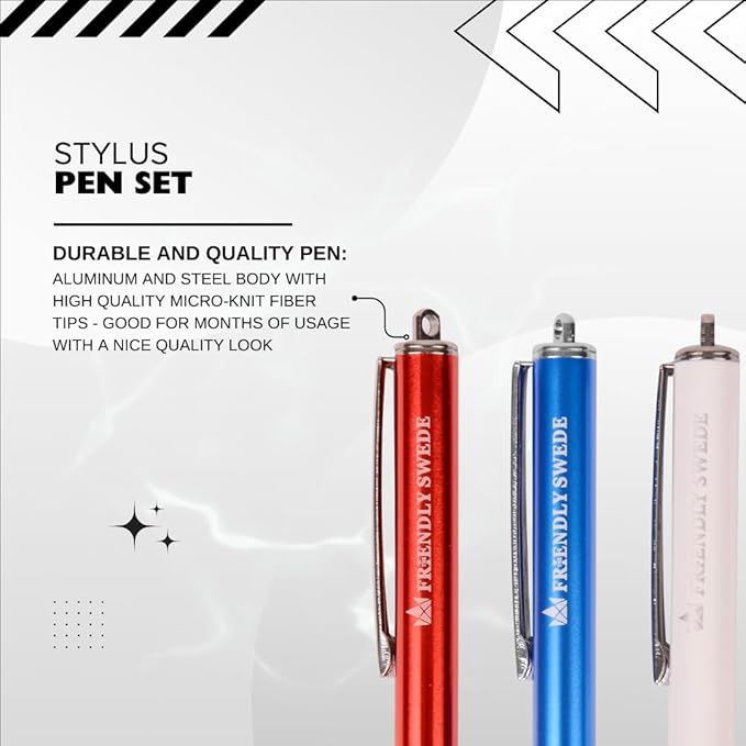 The Friendly Swede Mesh Tip Stylus Pen for Touchscreen — 3-Pack Micro-Knit Capacitive Stylus Pen for iPad & iPhone with 3 Replaceable Fiber Tips, Elastic Lanyards & Screen Cleaning Cloth
