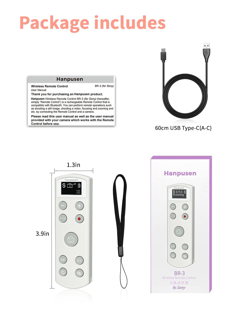 Hanpusen Wireless Rechargeable Camera Remote Control for Sony ZV-1F, ZV-E10