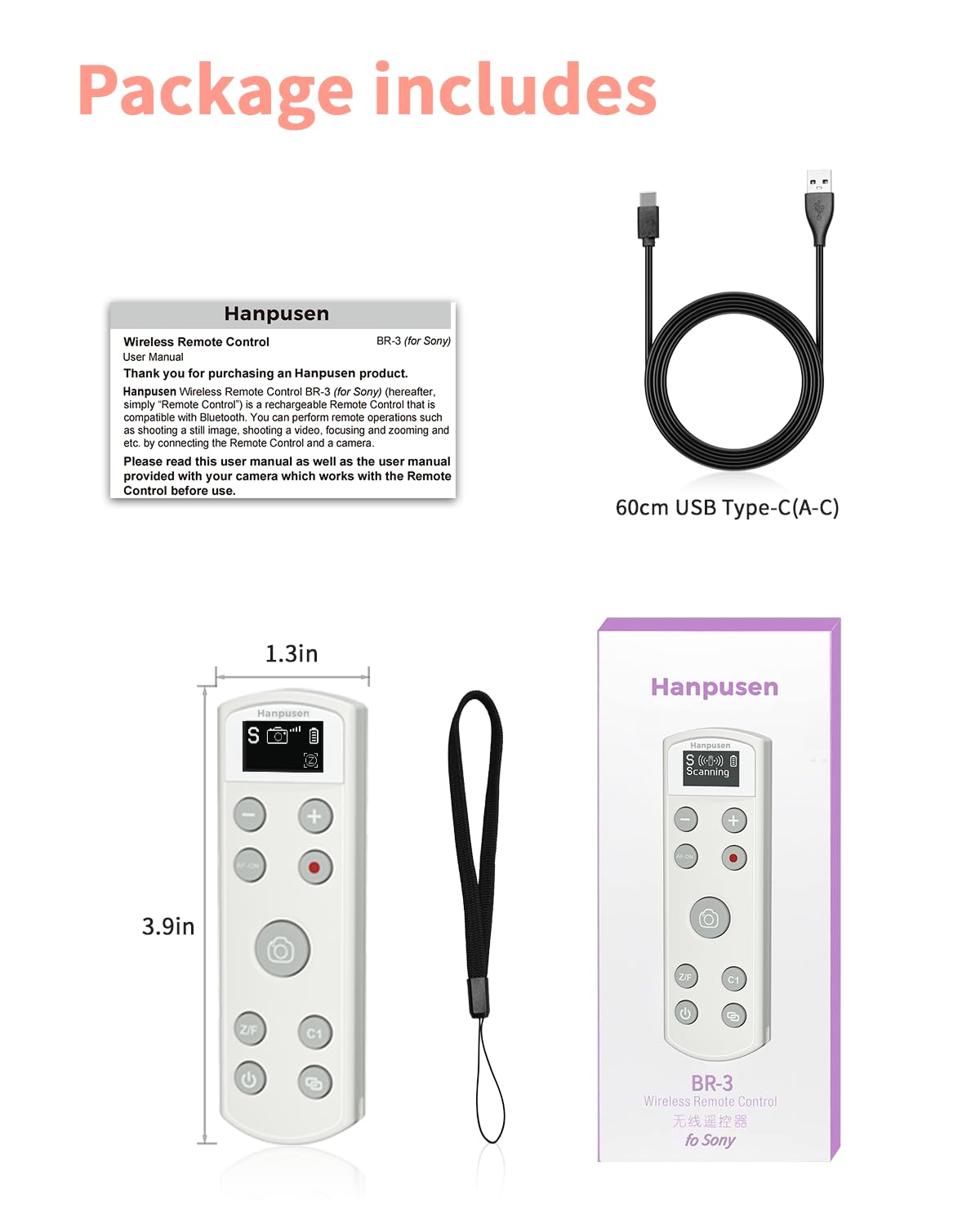 Hanpusen Wireless Rechargeable Camera Remote Control for Sony ZV-1F, ZV-E10