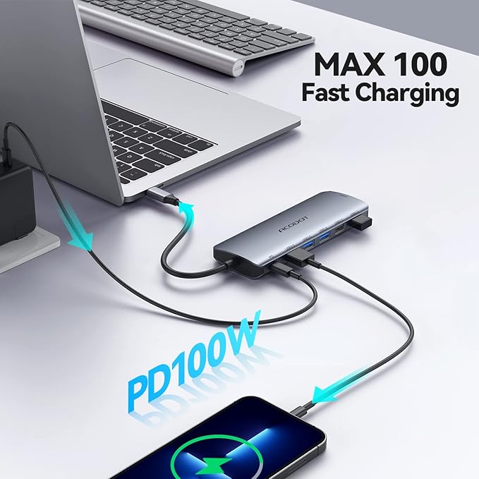USB C Hub, Acodot 9 in 1 Type C Hub Adapter Portable Docking Station Aluminum Dongle Compatible with MacBook Pro/Thunderbolt 3 Laptops of Type C Devices, with 4K HDMI/ 5 USB Ports/ 100W PD/SD/TF