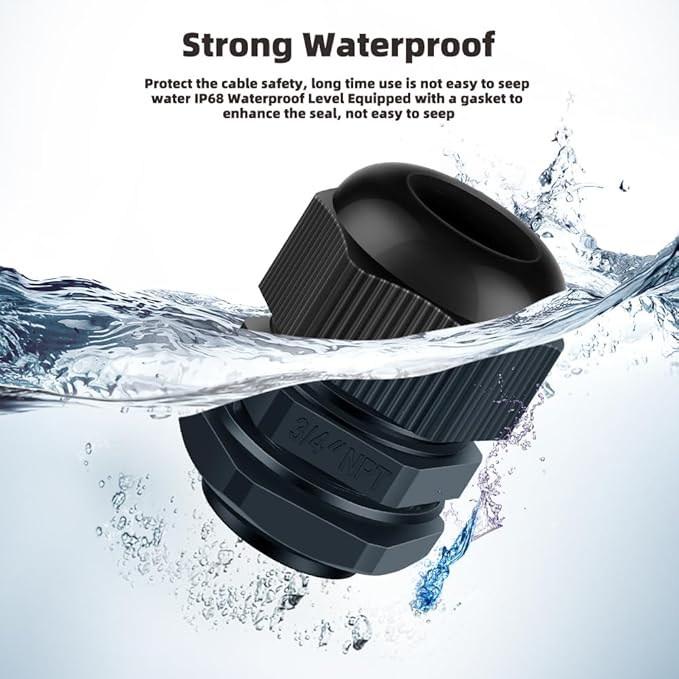 Cable Gland 12 Pack 3/4" NPT Waterproof Adjustable Connector Strain Relief Cord Connectors Joints Nylon with Gaskets…
