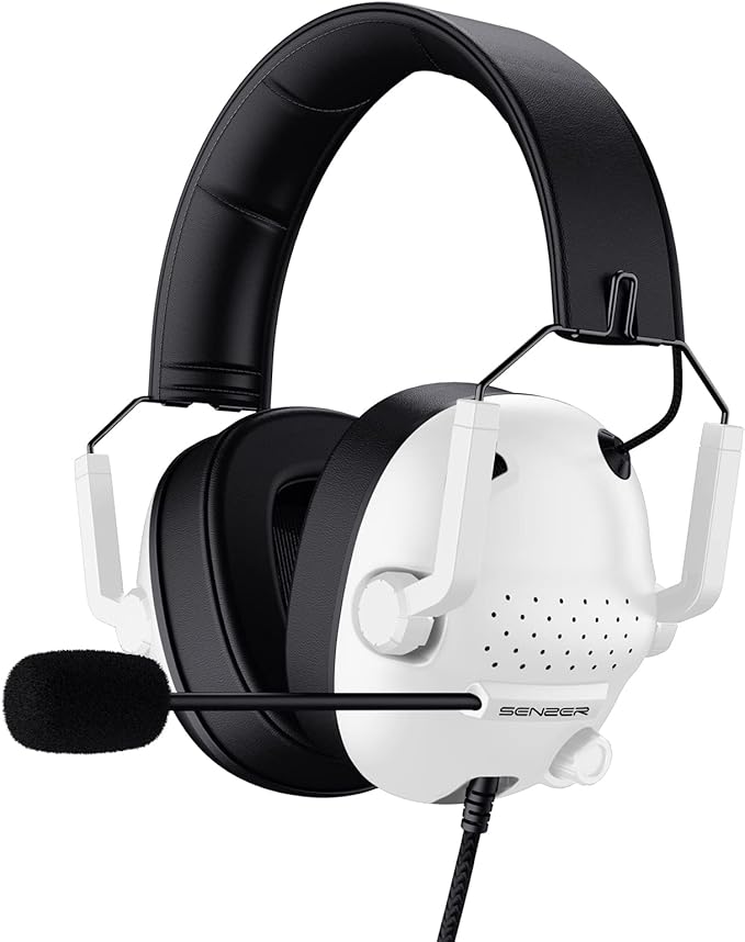 SENZER SG500 Surround Sound Pro Gaming Headset with Noise Cancelling Microphone - Soft Memory Foam Padding - Portable Foldable Headphones for PC, PS4, PS5, Xbox One, Switch - White