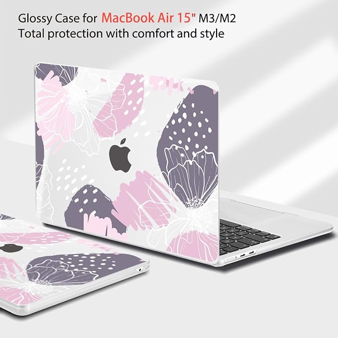 Teryeefi Compatible with M4 M3 M2 MacBook Air 15 Inch 2024 2023 Case Model A3241 A3114 A2941 with Liquid Retina Display, Protective Plastic Hard Shell Cover with Keyboard Cover - Abstract Flowers-A