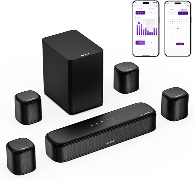 ULTIMEA 7.1ch Sound Bar with Dolby Atmos, Surround Sound System for TV with 4 Surround Speakers, Sound Bar for Smart TV with App Control, Soundbar with Subwoofer for Home Theater, HDMI eARC, Aura A60