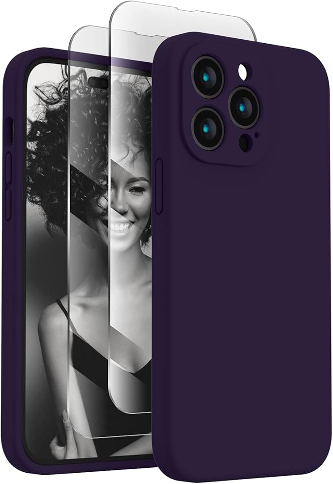 FireNova for iPhone 14 Pro Case, Silicone Upgraded [Camera Protection] Phone Case with [2 Screen Protectors], Soft Anti-Scratch Microfiber Lining Inside, 6.1 inch, Purple