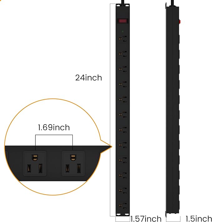 12 Outlet Long Power Strip Surge Protector with 2100 Joules, 6FT Power Cord, Wide Spaced Outlet Power Bar, Overload Protection Switch, Industrial Heavy Duty for Work Bench, Shop, Garage (Black)…