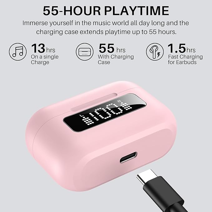 TOZO NC3 Hybrid Active Noise Cancelling Wireless Earbuds with 6 Mics AI Clear Call Ear Buds 55H Playtime with LED Display 32 Preset EQs via APP Bluetooth 5.3 IPX8 Waterproof in Ear Headphones