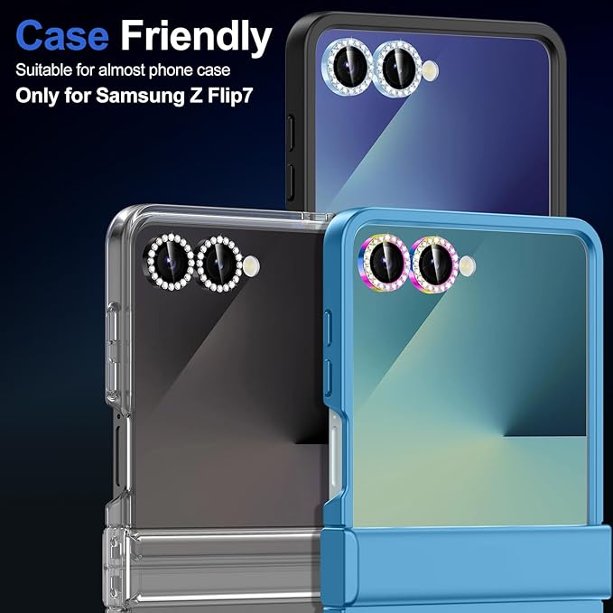 for Samsung Galaxy Z Flip 7 Camera Lens Protector, Individual Metal Ring Tempered Glass Lens Cover, [Strong Adsorption] Scratch Resistant Ultra-Thin HD Clear Lens Cover, 1 Set-Blue Diamond