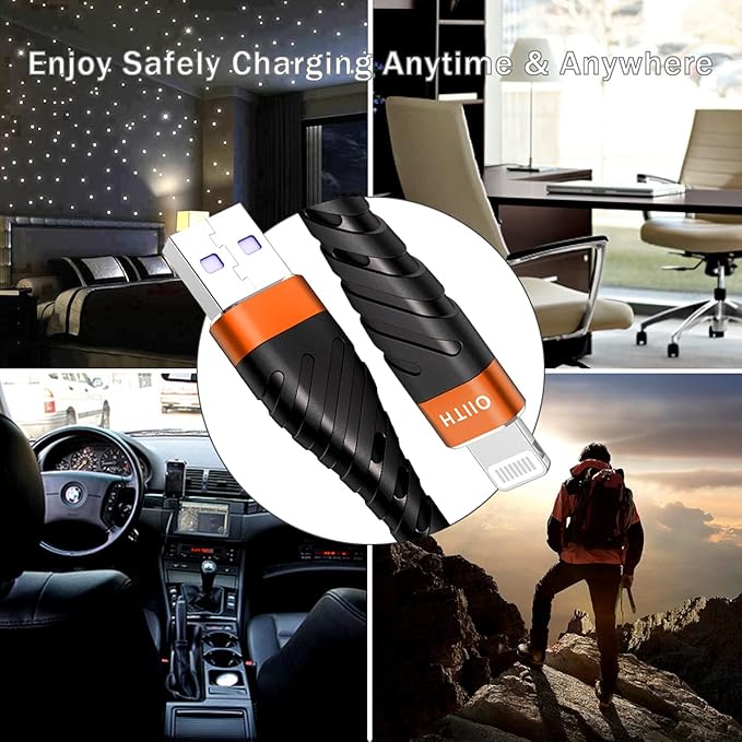 OIITH MFi Certified for iPhone Charger Cable 3 Pack 10 Ft, Extra Long for Lightning Charging Cord, Fast 2.4A for iPhone USB Cord Compatible with iPhone12/11/XS/Max/XR/X/8/8P/7P/6/iPad - Orange