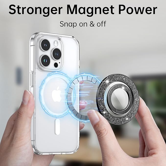 Syncwire Magnetic Phone Grip for MagSafe, Sparkle Phone Ring Holder, Rotatable Kickstand Bling Phone Ring Stand Removable MagSafe Accessories for iPhone 15 Pro Max 14 13 12,Android - Black Diamond