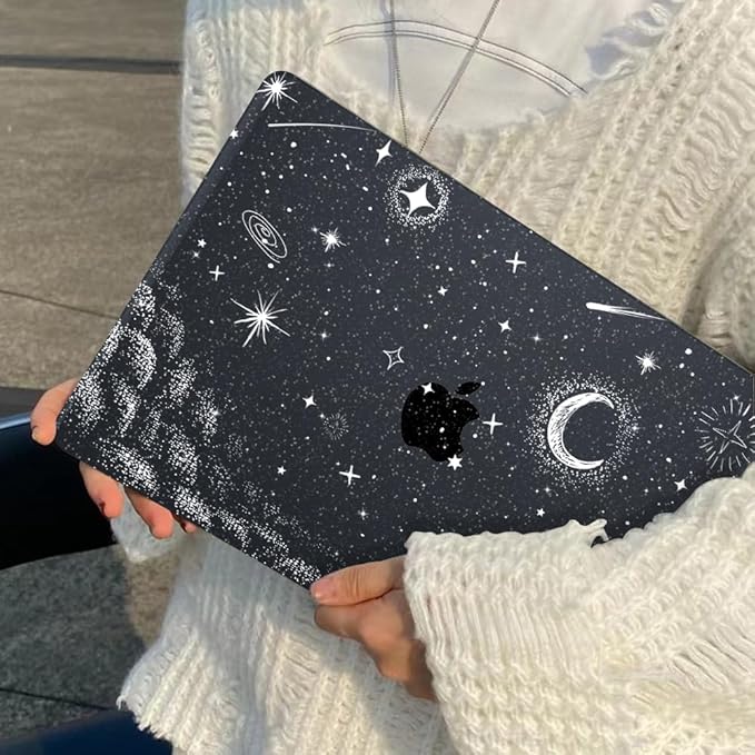 for MacBook Air 13 inch Case 2021 2020 2019 2018 Release M1 A2337 A2179 A1932, Glitter Crystal Black Pritned Pattern Plastic Hard Case Cover for Mac Air 13.3" M1 Touch ID, Stars & Moon