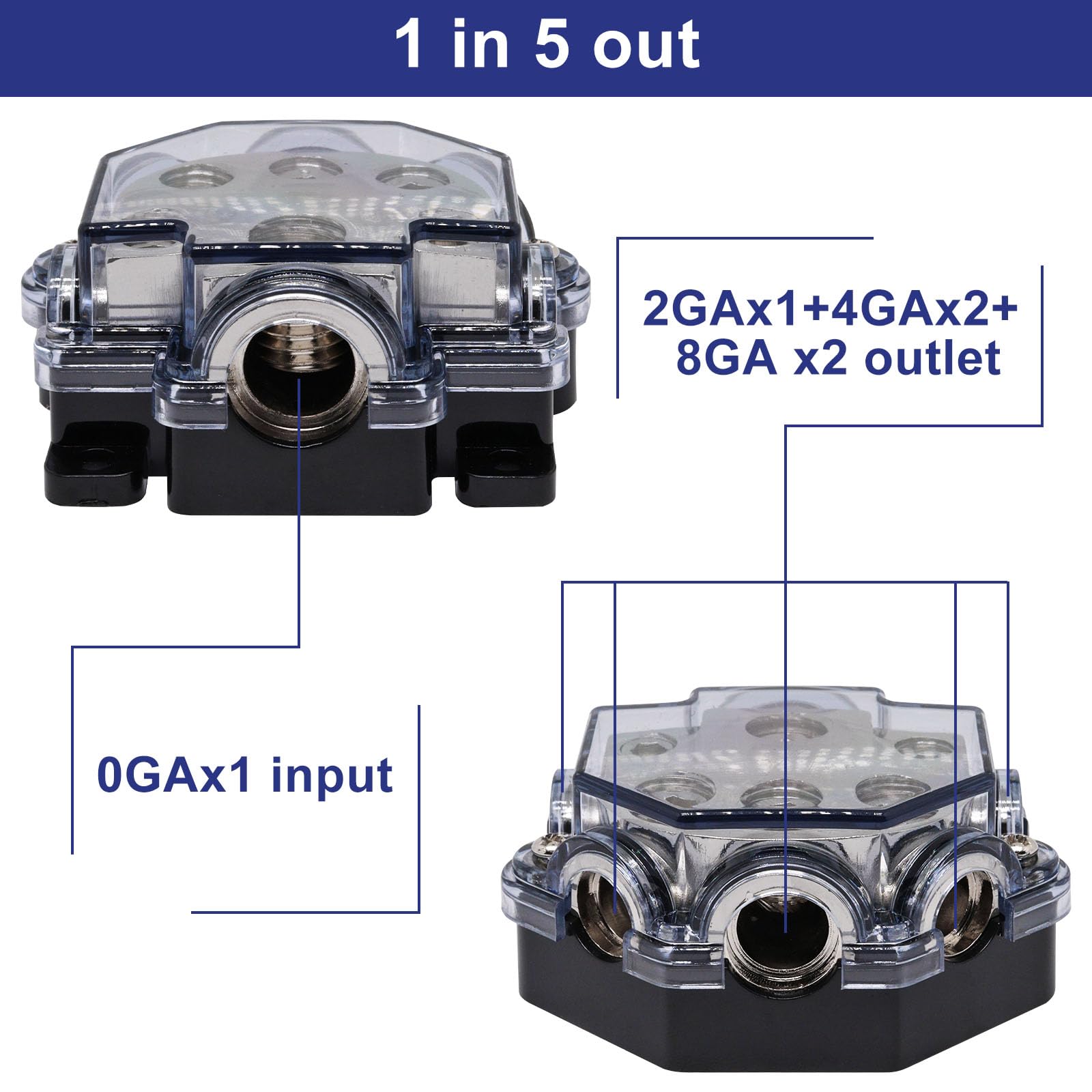 S SYDIEN 2pc Power Distribution Block Car Audio 1 in 5 Ways Out Car Audio Distributions Block 0 Gauge Input 2/4/8 Gauge Out Ground Cable Splitter Distribution Blocks for Automotive