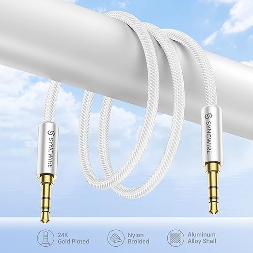 SYNCWIRE Aux Cable 3.5 mm Audio Cable - 2 m Nylon Jack Cable for Headphones, Apple iPhone iPod iPad, Echo Dot, Home/Car Stereos, Smartphones, MP3 Players and More - Silver