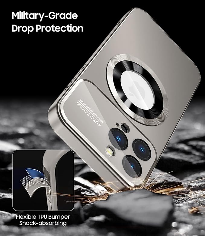 Magnetic for iPhone 16 Pro Max Case, Compatible with MagSafe, Built-in Camera Lens Protector, Logo View, Military Grade Drop Protection Phone Cover, Titanium Gray