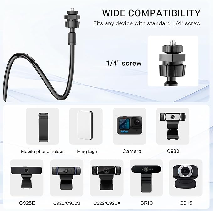 Flexible Webcam Stand Mount for Desk, Gooseneck Webcam Tripod with Clamp, Desktop Phone Holder & Table Top Tripod Compatible with Action Camera Gopro C922 C930e C920S C920 C615 C960 C920x Brio
