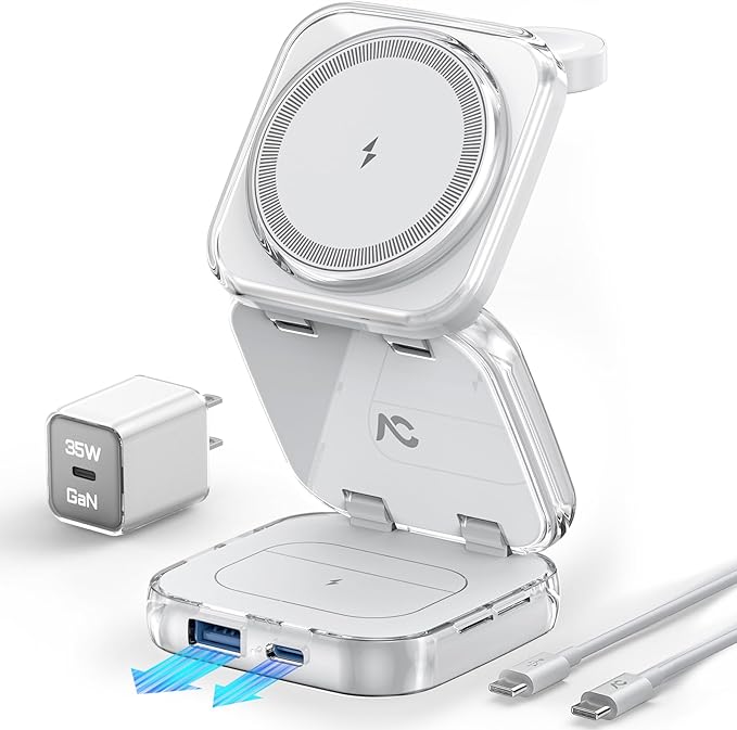 5-in-1 Wireless Charger for MagSafe, AC ISLAND Portable Travel Charging Station, 15W Max Fast Foldable Magnetic Stand, Evolved for iPhone 16/15/14/13 Series, Apple Watch, AirPods (with 35W Adapter)