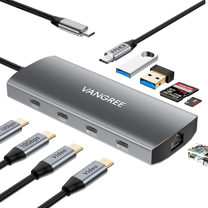 VANGREE 10Gbps USB C Hub with Dual 4K@60Hz USB-C Displayports for Laptop