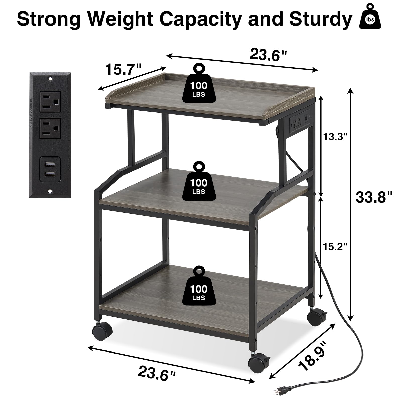 Lauren&Harold 34'' Printer Stand with Power Outlets & USB Ports Grey/Black