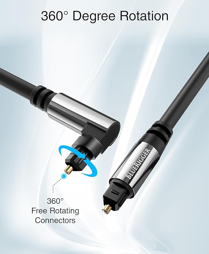 BlueRigger Optical Audio Toslink Cable - 15FT (90 Degrees Optical Cable for Soundbar, 360 Degree Rotatable Right Angle, S/PDIF Digital Toslink) - Fiber Optic Compatible with HDTV, Game Console, DVR