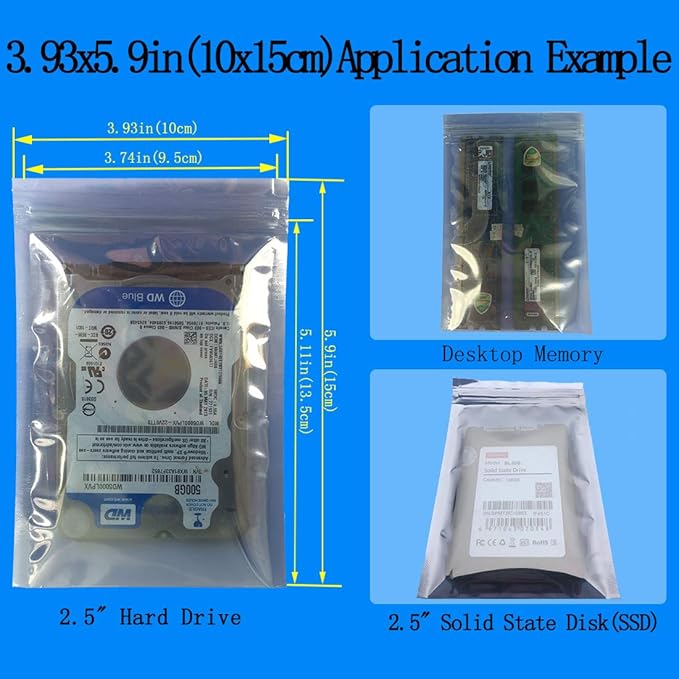 100pcs 3.93X5.9in(10X15cm) Anti Static Bags,ESD Bags Resealable for SSD HDD with 100pcs Labels, Antistatic Bag for Hand Drive or Varieties of Electronic Device
