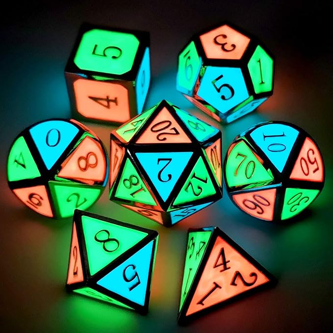 Haxtec Glow in The Dark Glowing Blue Red Green Silver Metal Dice Set D&D 7PCS DND Dice Set Compatible with Dungeons and Dragons RPG Games-Silver Glowing Blue Green Red