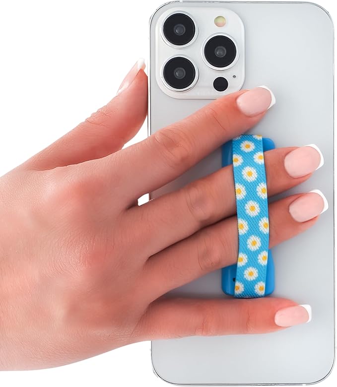 LOVEHANDLE Universal Phone Grip for Smartphones & Mini Tablets - Phone Holder for Hand - Wireless Charging Compatible - Made in The USA - Blue Happy Daisy