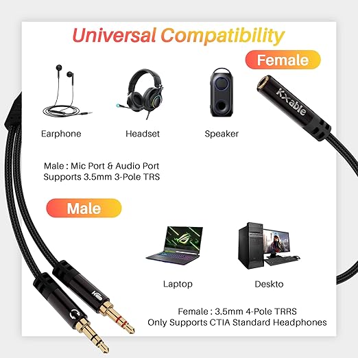 Headphone Splitter for Computer, 3.5mm Female to Dual 3.5mm Male Audio Splitter Cable, Stereo Jack Earphones Headset to PC Laptop Adapter, 1/8inch 2-in-1 Y Separator Aux Dongle Converters, 2FT