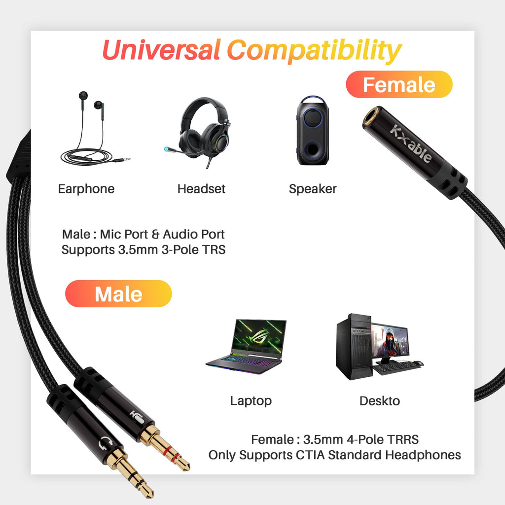 Kxable Headphone Splitter for Computer, 3.5mm Female to Dual 3.5mm Male Audio Splitter Cable, Stereo Jack Earphones Headset to PC Laptop Adapter, 1/8inch 2-in-1 Y Separator Aux Dongle Converters, 6FT