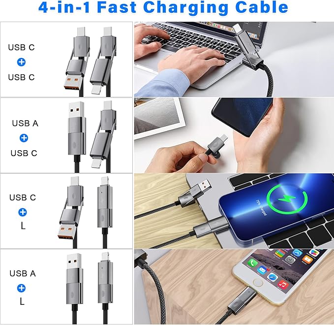 4 in 1 USB C Cable, 2Pack 6FT Round Braided Multi Fast Charging Cable, PD 65W 27W, 480Mbps Data Transfer, Compatible with iPhone/iPad/Samsung/MacBook