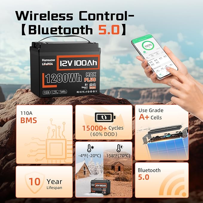 2PACK 12V 100Ah LiFePO4 Lithium Battery MAX Bluetooth 5.0 IP67, 15000+ Deep Cycles Lithium Battery, Built-in 110A BMS for RVs Marine Trolling Motors