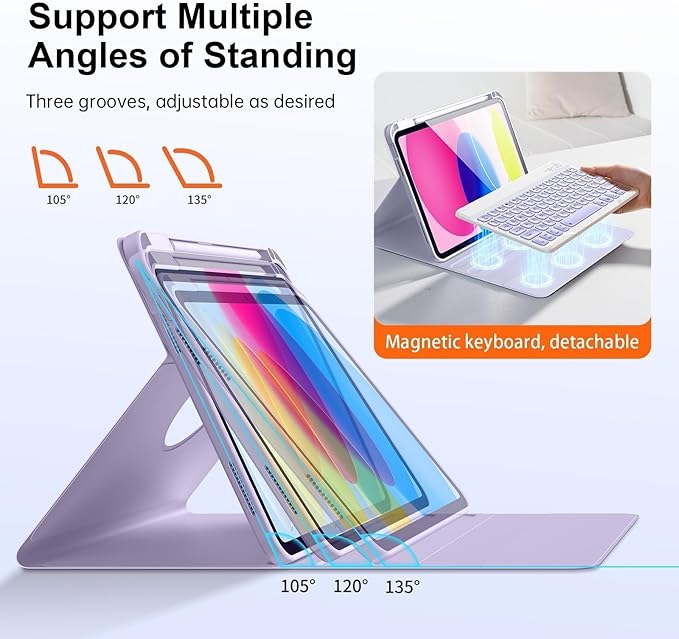 for iPad 11th 10th Generation Case with Keyboard, Magnetic 720° Rotatable Cover Detachable Wireless Bluetooth Backlit Keyboard with Pencil Holder for iPad 11 inch A16 2025 & 10.9 inch 2022 -Purple