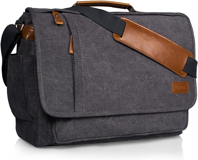 ESTARER Laptop Messenger Bag 17-17.3 Inch Water-resistant Canvas Shoulder Bag for Work College, Grey
