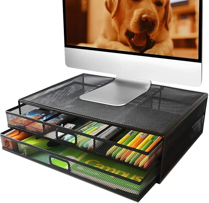 Computer Monitor Stands with Drawers, Metal Mesh Desktop Monitor Riser, Desk Storage Organizer with Drawers for PC, Laptop, Printer (Black)