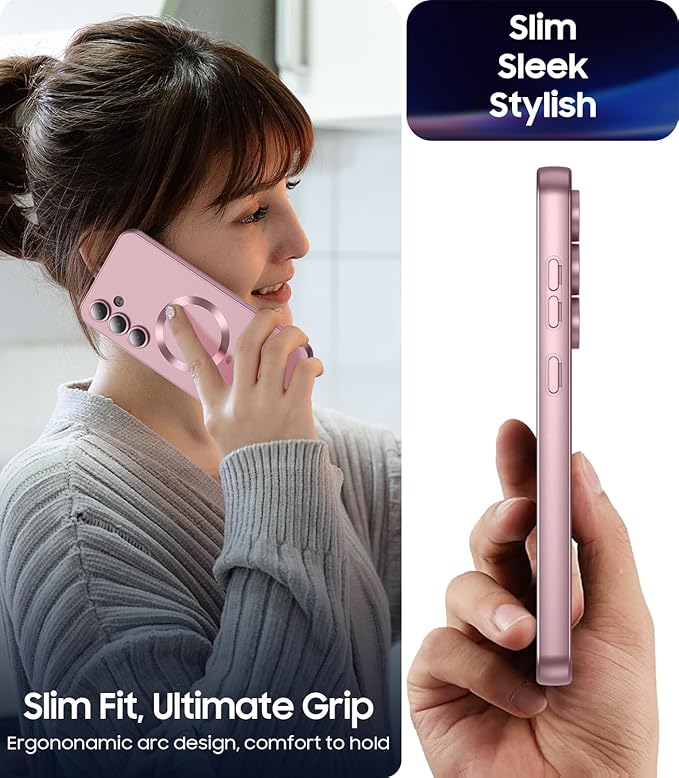 Magnetic for Samsung Galaxy S25 Case [Compatible with MagSafe][Built-in Camera Lens Protector] Slim Soft Silicone Bumper Shockproof Metallic Luster Phone Case (Rose Gold)