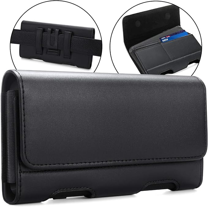 BECPLT Leather Holster Pouch with ID Card Holder, Belt Clip Case for iPhone 13 Mini, 12 Mini, 8, 7, 6s, 6, Galaxy S10e (Fit with Thin Case on)
