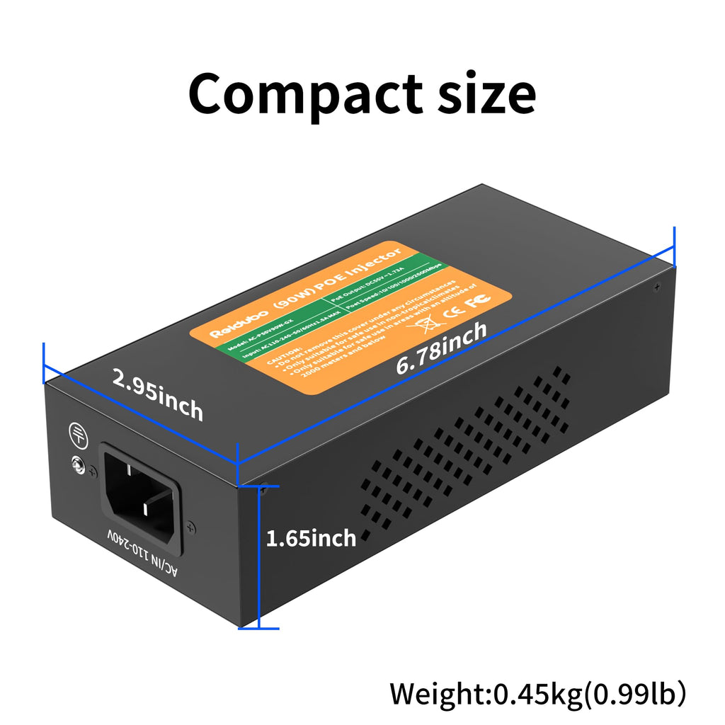 2.5Gb PoE Injector Adapter 90W, IEEE 802.3bt/at/af Compliant, Converts Non-PoE to PoE Network, 100/1000/2500Mbps RJ45, Up to 328 ft, Plug & Play (90W)