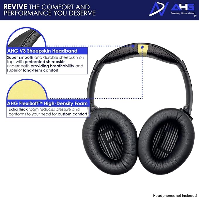 AHG Sheepskin QC35 ii Headband / QC35 Headband pad Cushion Cover. Compatible w/Bose QuietComfort 35 ii Headphones/QuietComfort 35 Headphones (Black). Premium Sheepskin Leather/High-Density Foam