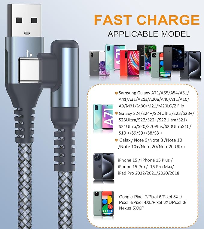 USB C Cable Right Angle [2-Pack, 1.5FT+1.5FT], USB Type C iPhone 16 Charger Cable Nylon Braided Cord for iPhone 15 16 Pro Max Plus Samsung Galaxy S25 S24 S23 S22 S21 S10 S9 S8 Note 20 10 9 8,Moto,PS5