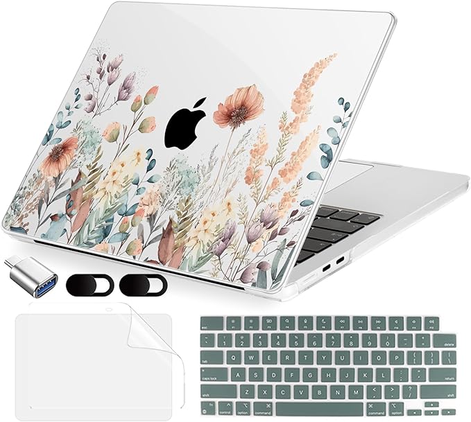 Compatible with MacBook Air 13.6 inch Case, M4 A3240/M3 A3113/M2 A2681 (Released 2025 to 2022), Hard Shell, Keyboard Cover, Screen Protector, Webcam Cover & Type-C Adapter, Abstract Flower