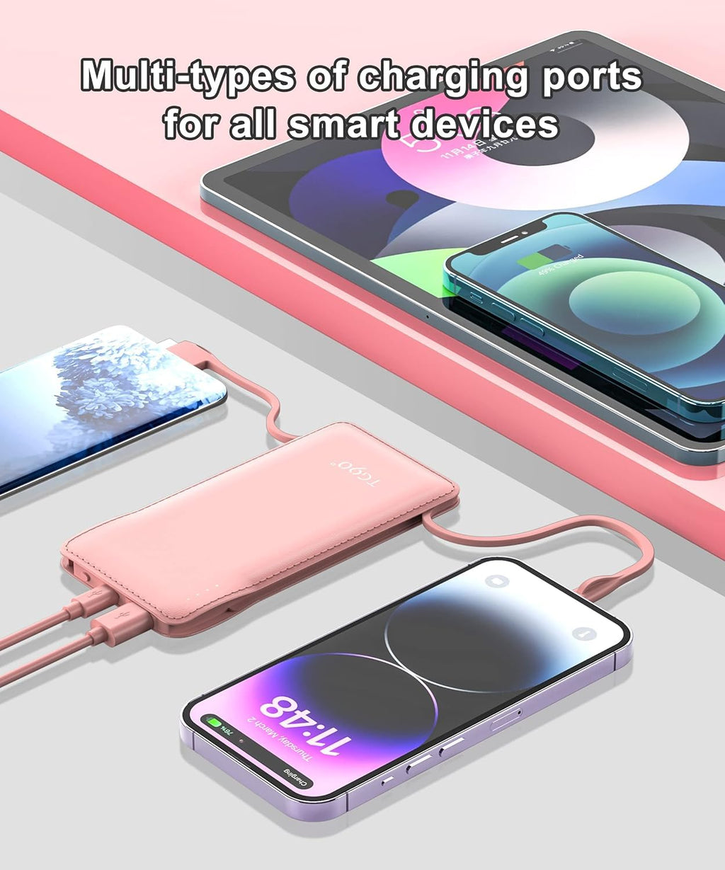TG90° 2 Pack Slim Portable Charger with Built in Cables,10000mAh Power Bank Travel Charger Cell Phone External Battery Pack,4 Output Portable Bank Compatible with iPhone Android Phone