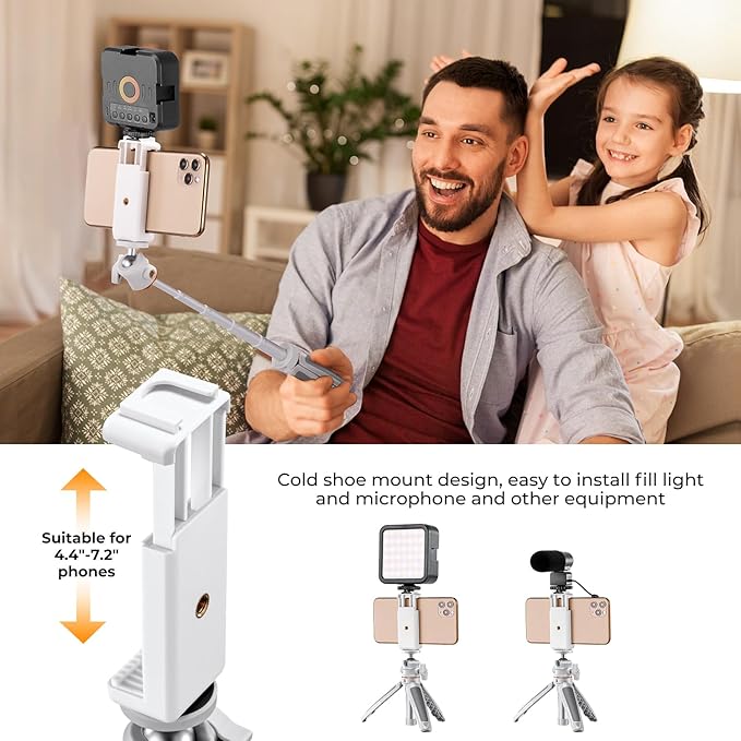 K&F Concept Selfie Stick Tripod, 360 Degree Rotation Mini Phone Stand with Ball Head and Cold Shoe Mount, Cellphone Holder with Wireless Remote for Smartphone White